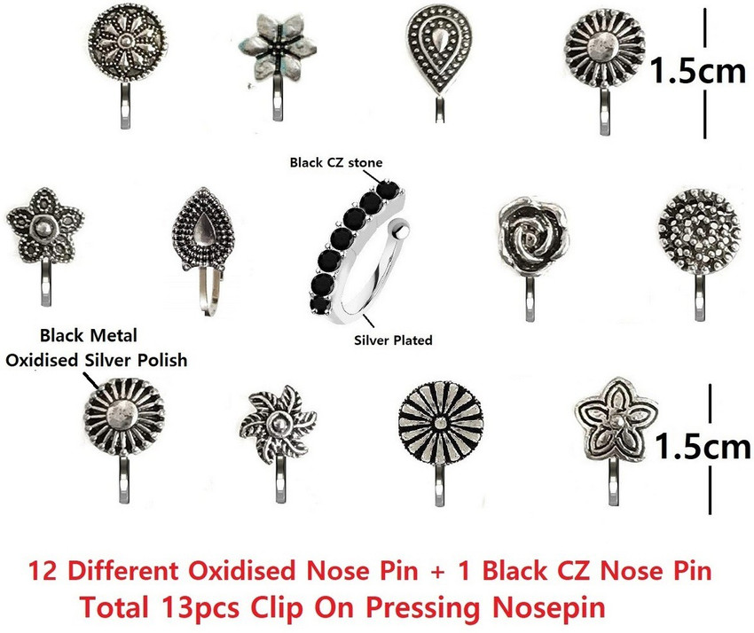 THANU S CRAFT Cubic Zirconia Black Silver Plated Metal Nose Ring
