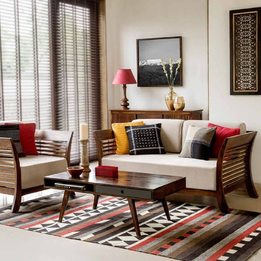 Custom Decor Sheesham Wood Fabric 3 1 Sofa Set