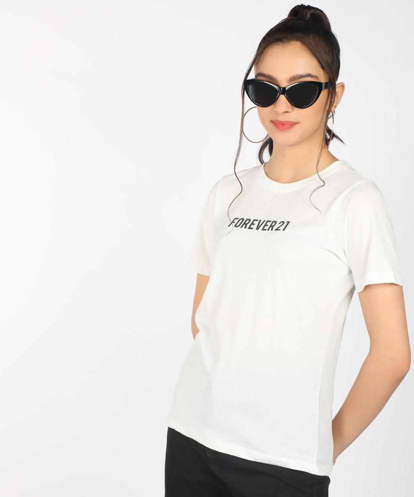 FOREVER 21 Printed Women Round Neck White T Shirt