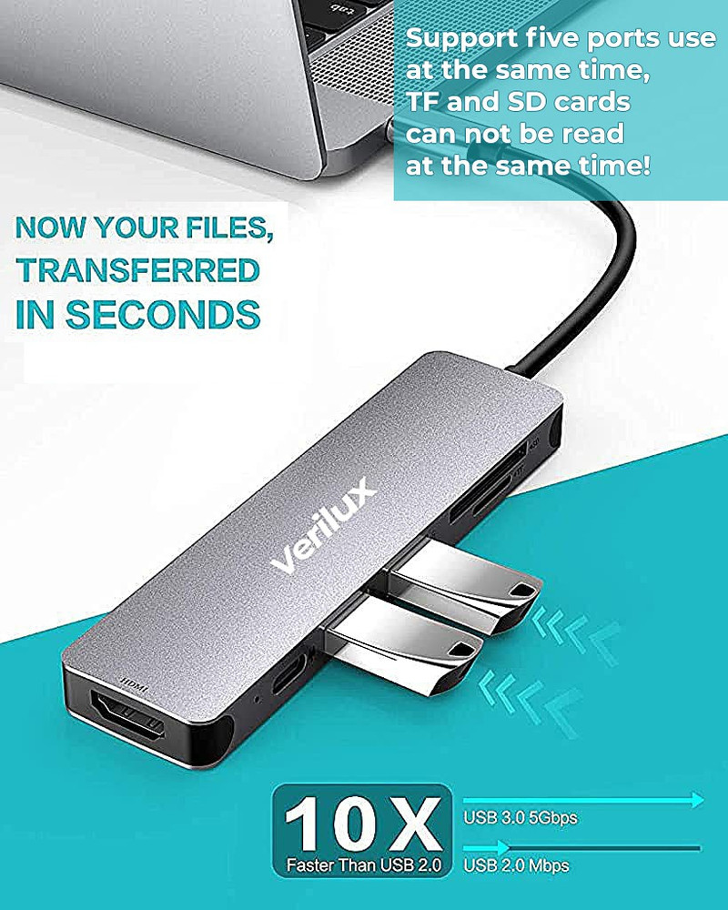 Verilux USB C Hub 6 in 1 Portable Aluminum Multiport Adapter with