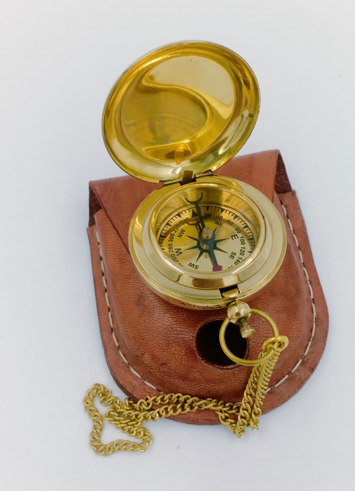 Pocket Compass With Leather Case Nautical Brass Hiking Trekking Travel  Compass