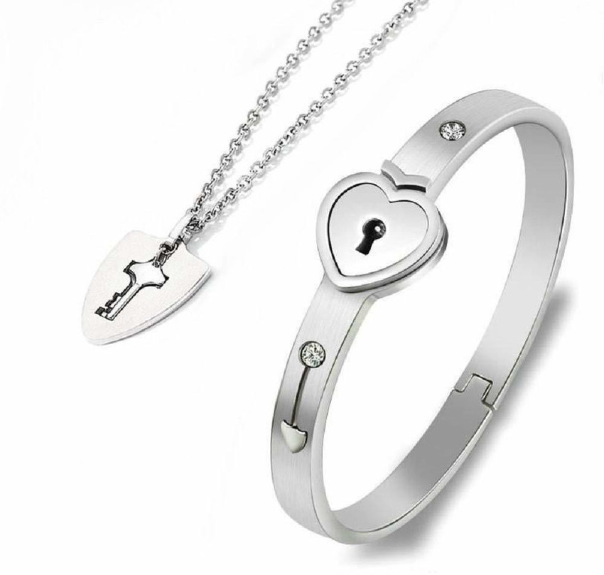 gift solution Heart Lock and Key Bracelets Chain Pendant Necklace CZ AD Jewellery Set Stainless Steel Pendant Set Price in India Buy gift solution Heart Lock and Key Bracelets Chain Pendant