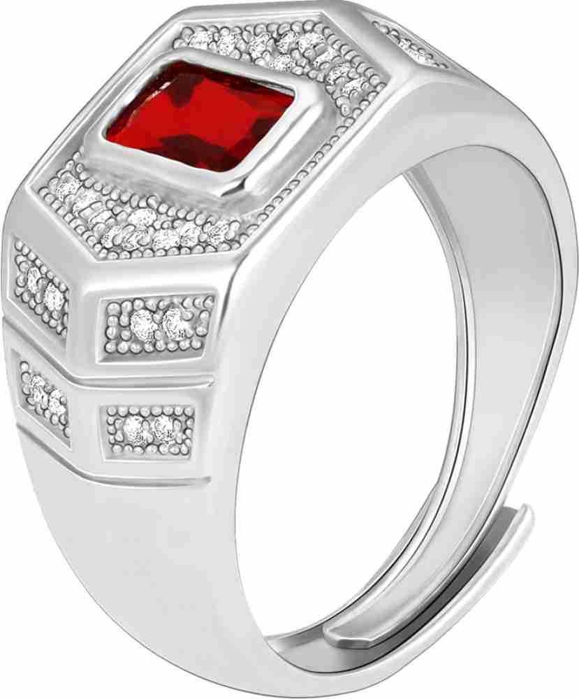 Top Red Stone- White Gold Plated Sterling Silver Ring - Adjustable