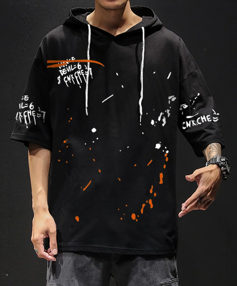 eyebogler solid men hooded neck black t shirt