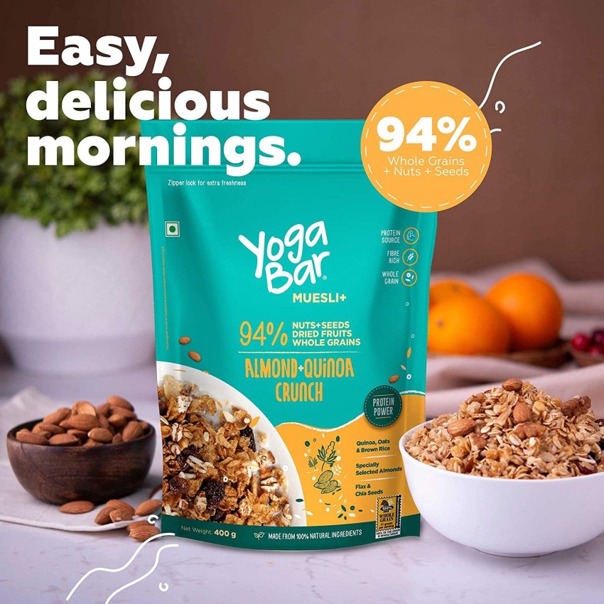 Yogabar Muesli Super Saver Combo, 1.2 kg, 92% Fruit and Nuts & Seeds +  Wholegrains, Dark Chocolate & Cranberry, Almond Quinoa Crunch