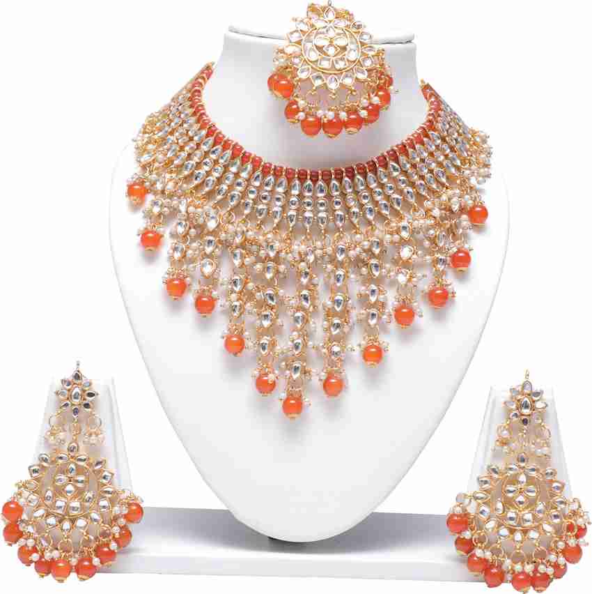 Swarajshop Alloy Gold plated Orange Jewellery Set Price in India