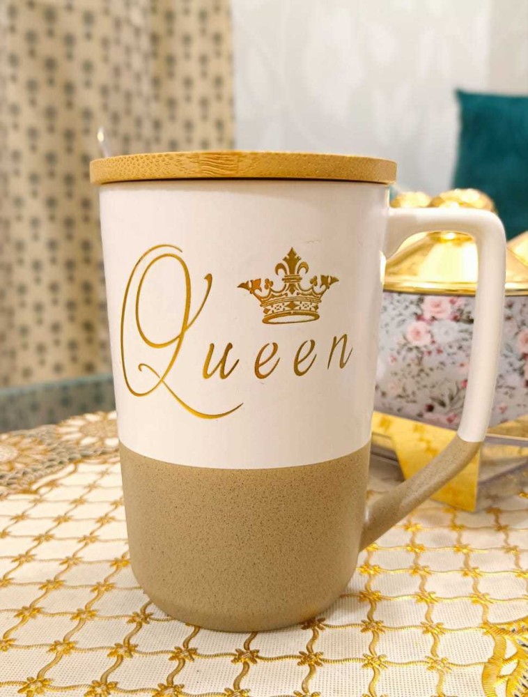 Elipsis Queen Printed Wooden Lid with Spoon Ceramic Coffee Mug 
