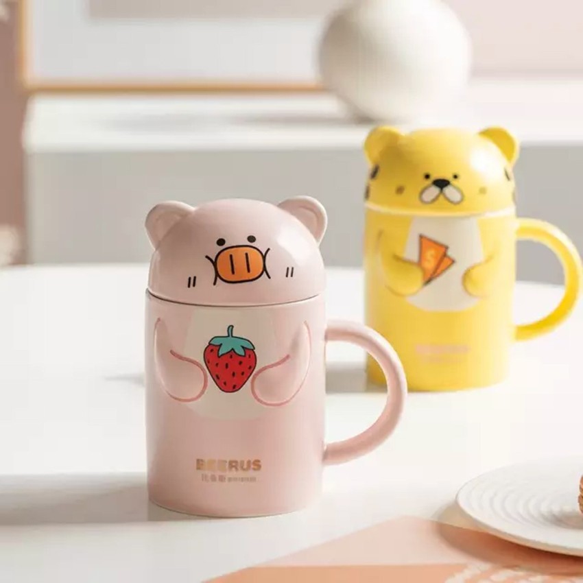 1pc Bear Coffee Mug With Lid And Straw Ceramic Coffee Cups Cute