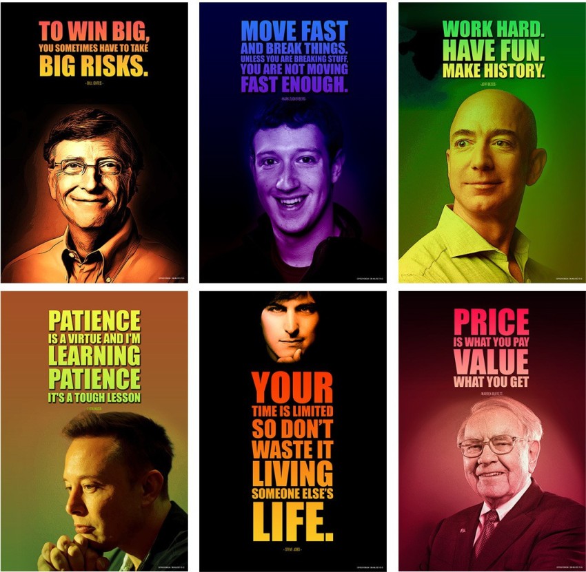 Motivational and Inspirational Quotes Wall Posters, (Elon Musk, Bill Gates,  Jack Ma, Warren Buffett, Bernard Arnault, Sergey Brin) 12x18 Each, Pack of