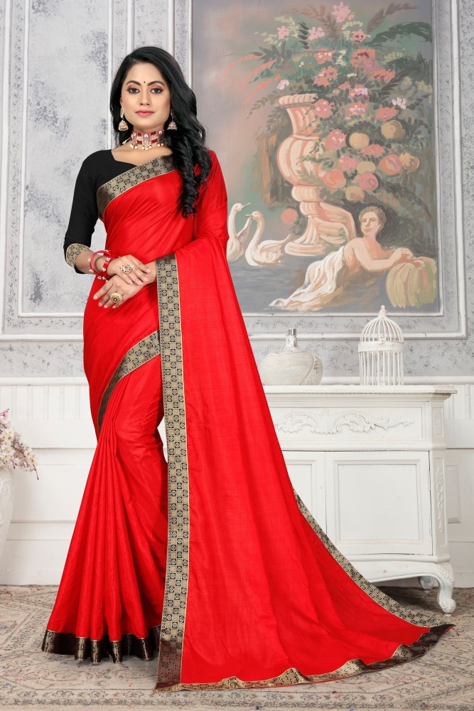 Solid/Plain Handloom Cotton Silk Plain Saree With Red Border For Women  (Black,Red), Plain Black Saree, Silk Saree, Saree for Women