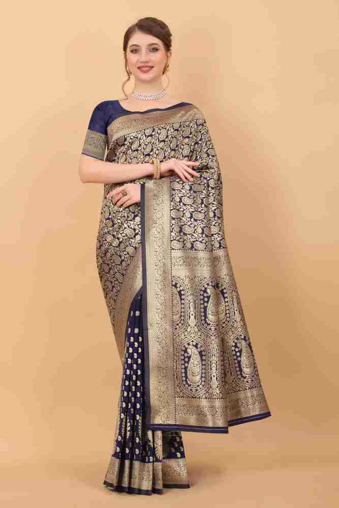 Buy fospy Woven Banarasi Silk Blend, Pure Silk Dark Blue Sarees Online @  Best Price In India