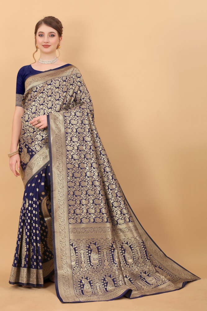 Buy fospy Woven Banarasi Silk Blend, Pure Silk Dark Blue Sarees Online @  Best Price In India