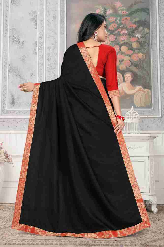 Solid/Plain Handloom Cotton Silk Plain Saree With Red Border For Women  (Black,Red), Plain Black Saree, Silk Saree, Saree for Women