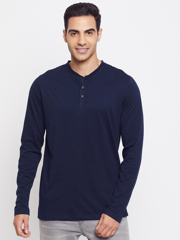 Harbor N Bay Solid Men Henley Neck Navy Blue T Shirt