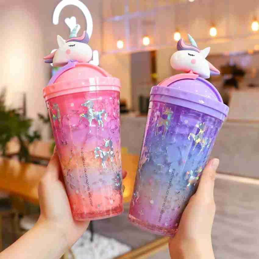 Unicorn Ice Cup With Straw Kawaii Pink Double Layer Clear Water