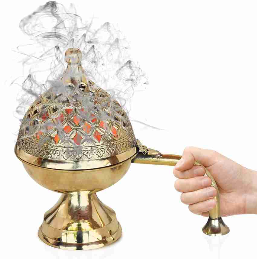 Brass Pooja Set of 9 Pcs Plate Bell Incense Holder Panchamrat Glass Spoon  Dhoop Burner Camphor Holder Kalash Diya -  Singapore
