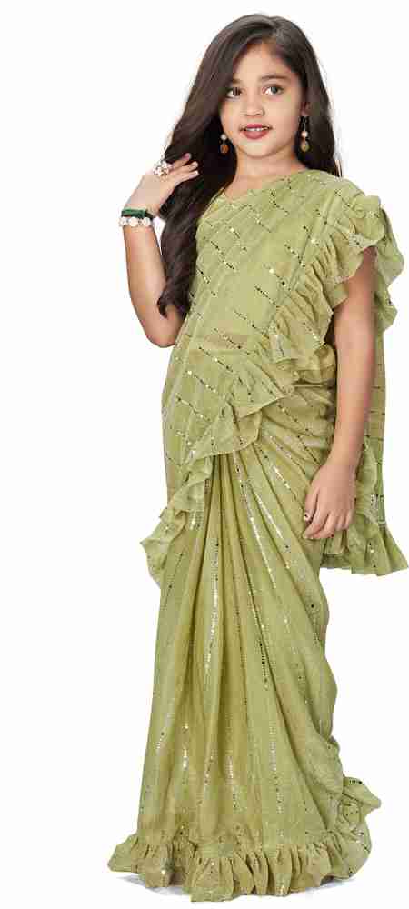 Cozee Shopping Solid Pattern Sequence Pattern Work Stitched Saree Kids Costume Wear