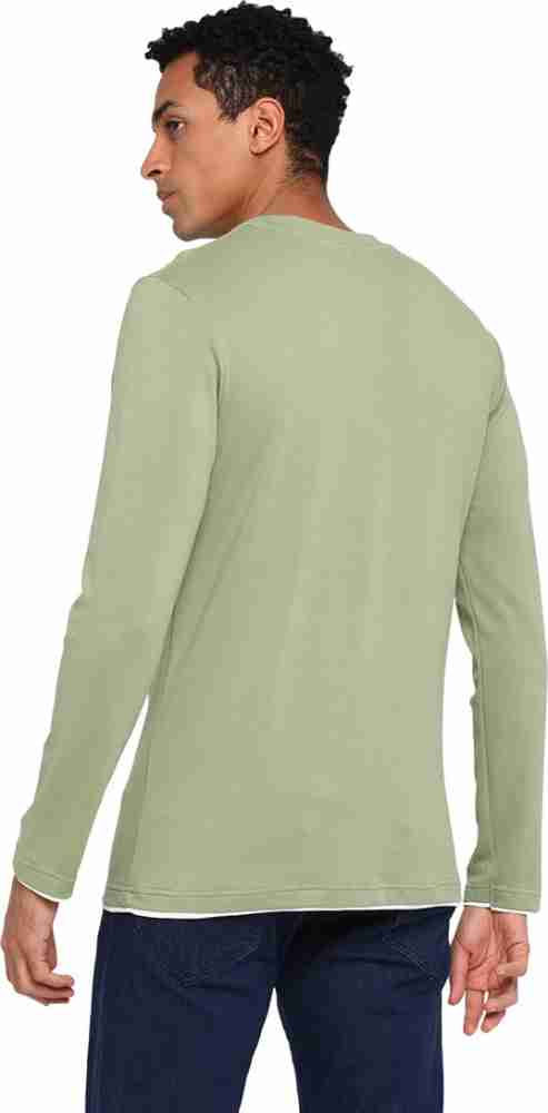 Basic Light green Crew Neckline Long Sleeves Cotton T-Shirt