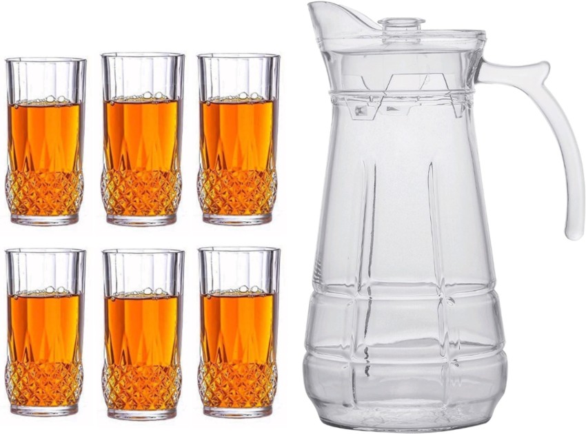 Crystal Carved Glass Water Jug with 6 Pieces Tumbler Set ( 1.7 L