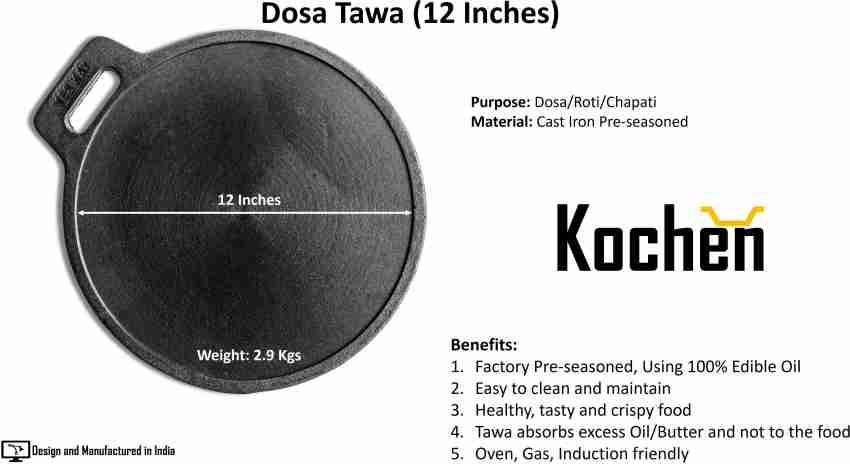 Solimo Pre-Seasoned Cast Iron Dosa Tawa, 12 Inches (30 cm), Black