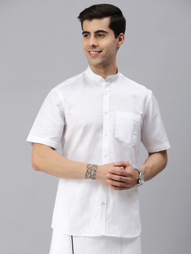 Solid White Cotton Linen Mandarin Collar Welt Pocket Slim/Tailored  Long-sleeve shirt- TF11GP1.28