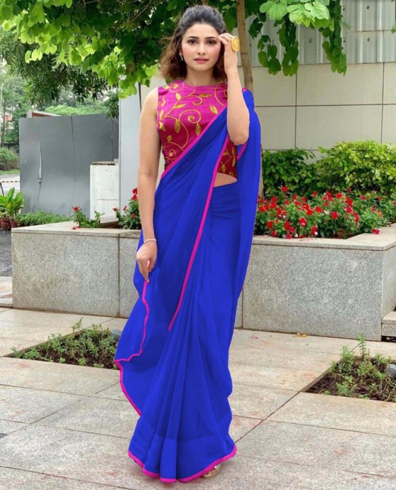 Plain blue saree sale with designer blouse