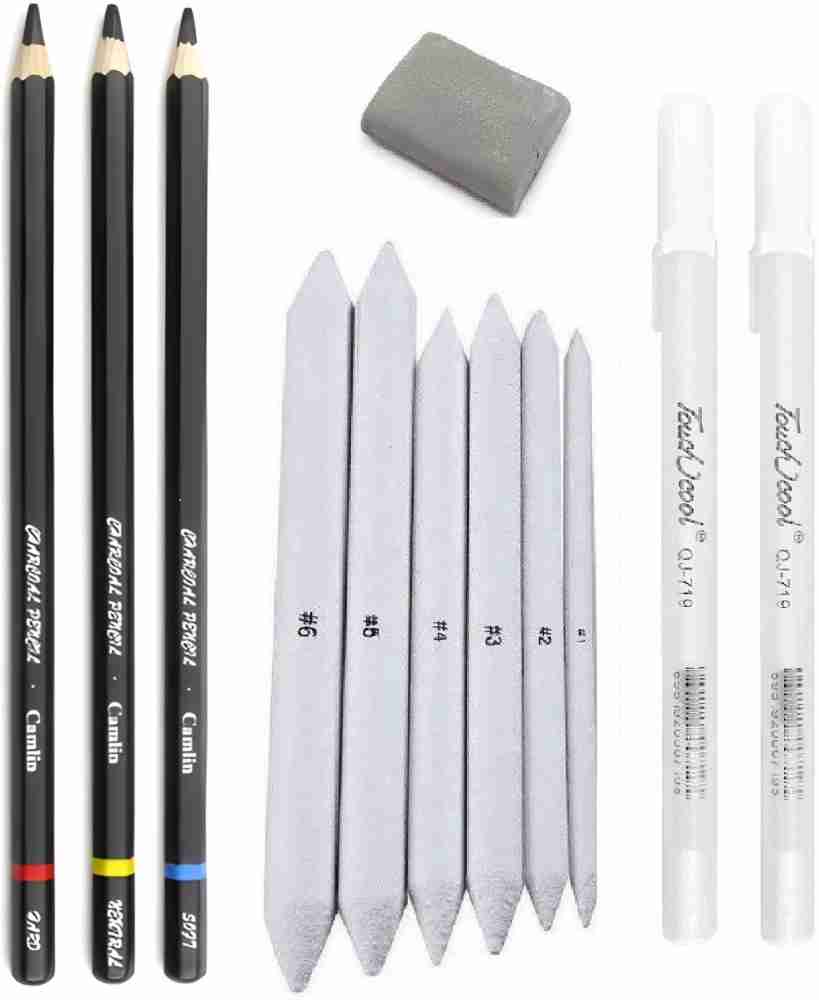 Definite 3Pc Camlin Charcoal Pencil, 2Pc White Pen, 6Pc  Blending Stump & Kneadable Eraser - Drawing Accessories - Art Set
