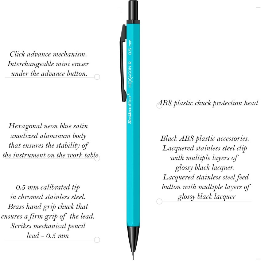 Scrikss Office Hexagon Shape Mechanical Pencil with 0.5mm  Lead of Grade HB, Light Blue & Satin Black, Aluminium Body, Click  Mechanism, Mini Interchangeable Eraser, SS Clip Set of 2 Pencils