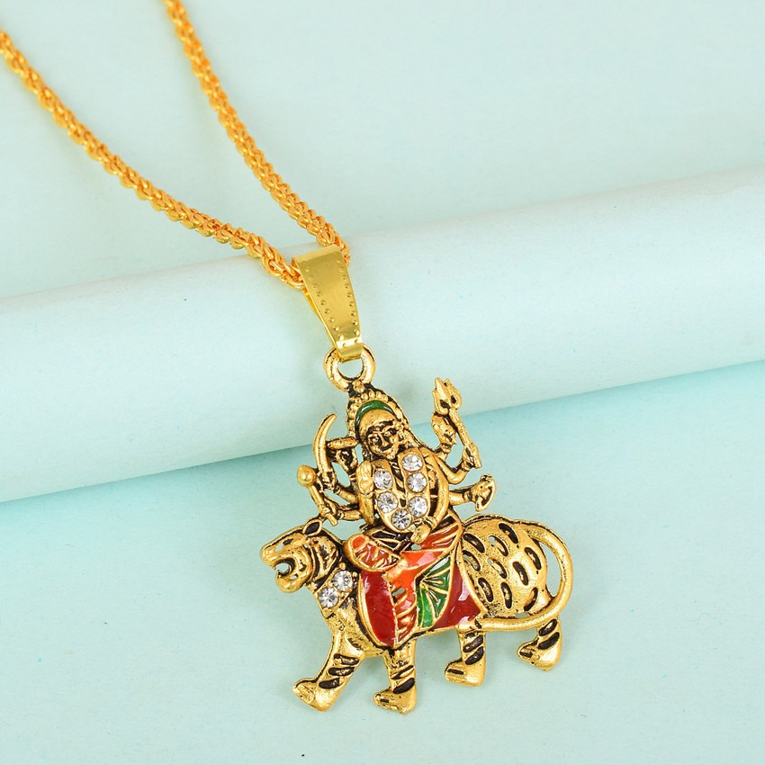 RN Gold Plated Multi CZ Lord Sherawali Durga Pendant Locket