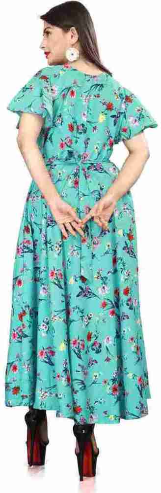 Floral Designed Flared Maxi Dress with Long Bell Sleeves-SunMart Lanka