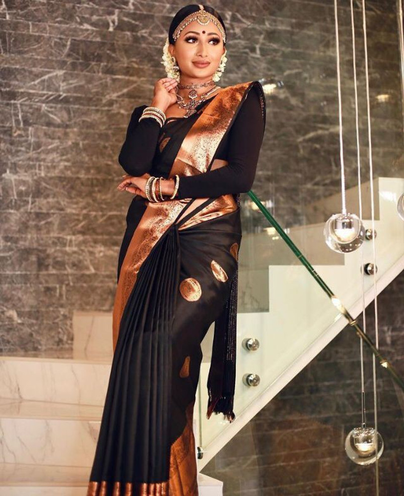 Buy VISVASTA Woven Banarasi Jacquard Cotton Silk Black Sarees