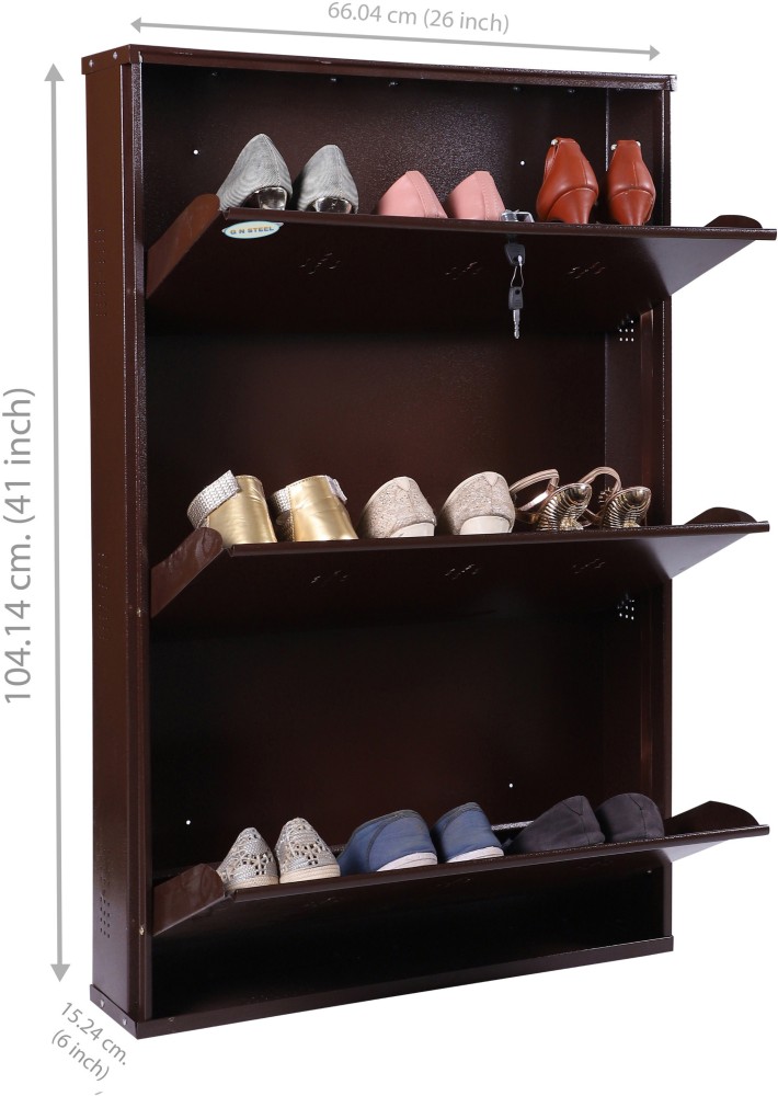 Metal Powder Coated 03 Door Wall Mounted Shoe Rack (Brown - 41 X 20 X 6  Inch)