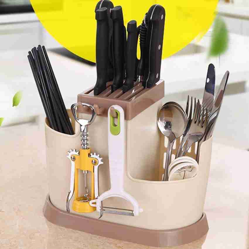 1pc Kitchen Utensil Storage Rack With Rotatable Knife Holder,  Multifunctional Chopstick & Spoon Cylinder, Cream-colored