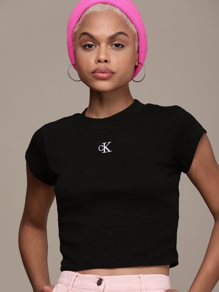 Calvin Klein Jeans Embroidered Women Round Neck Black T-Shirt - Buy Calvin  Klein Jeans Embroidered Women Round Neck Black T-Shirt Online at Best  Prices in India | T-Shirts