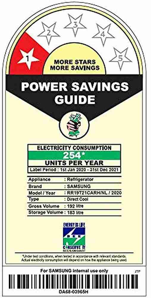 Samsung 1 star refrigerator power consumption discount