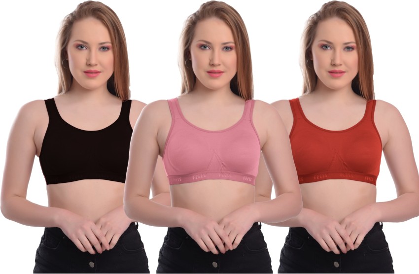 Bodycare Sports Bra In Pink-Red-Skin Color - Pack Of 3