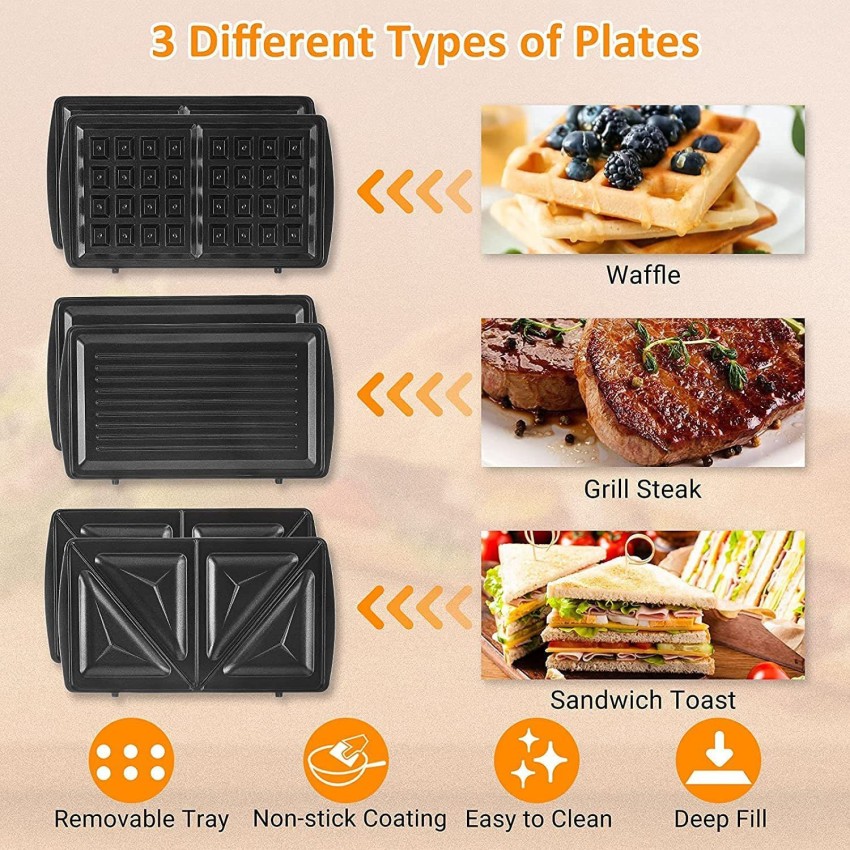 FOHERE 3-in-1 Sandwich Maker, Waffle Maker, Sandwich Grill, Portable  Electric Panini Press with Removable Non-Stick Plates, LED Indicator  Lights, Cool