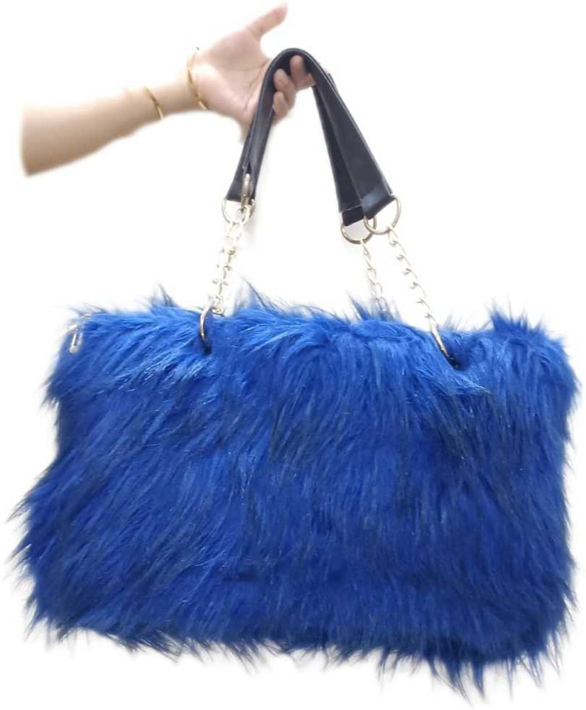 MishitaCo Blue Shoulder Bag Faux Fur Purse Fuzzy Handbags for