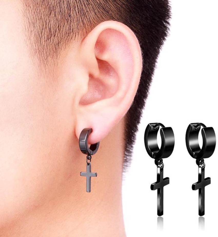 2Pcs Black Silver Men's Barbell Punk Stainless Steel Crystal Ear Studs  Earrings