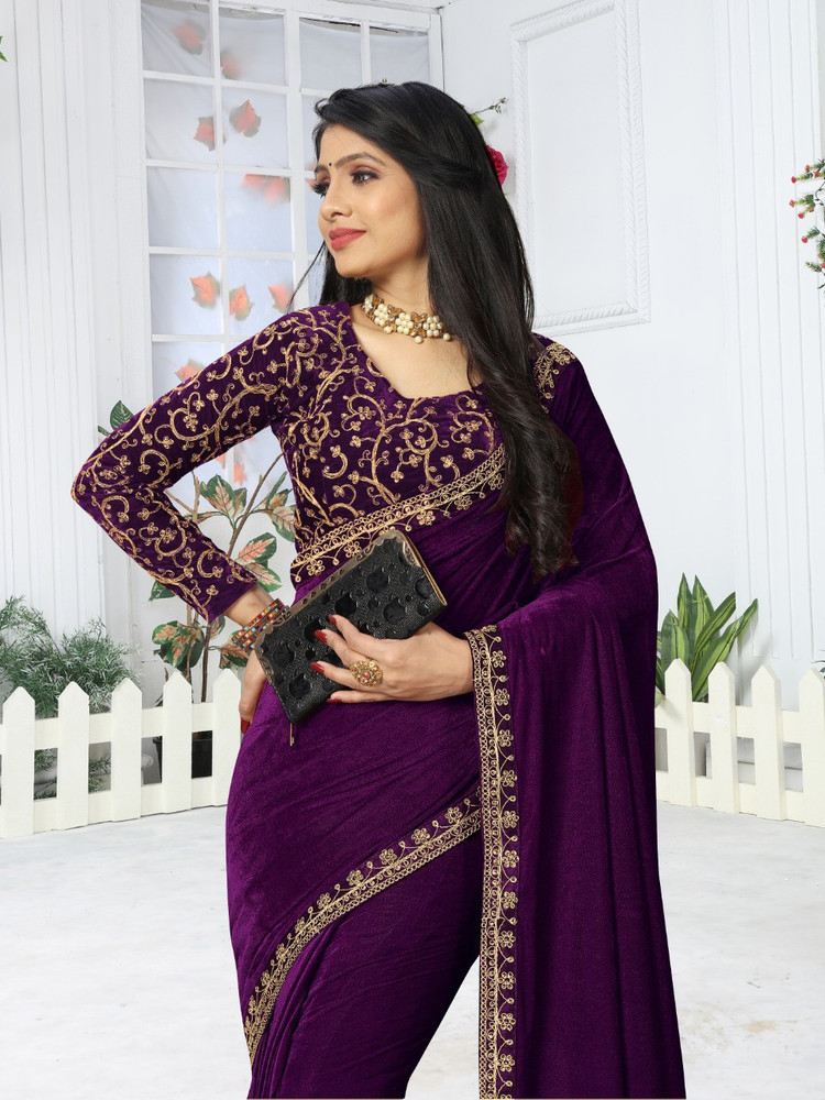 Buy hutah Embroidered Bollywood Velvet Purple Sarees Online Best