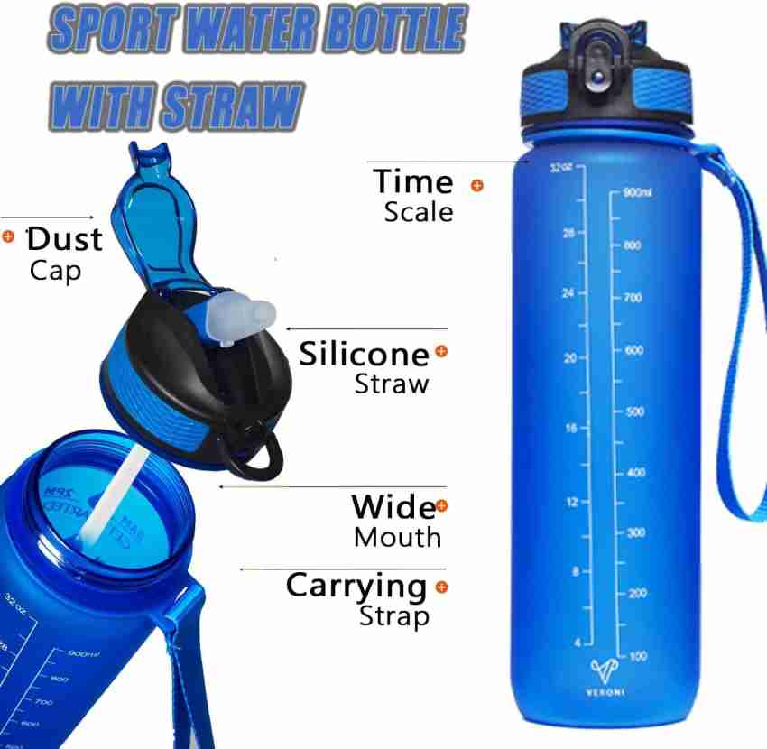 1 Litre Water Bottle with Straw, Time Markings Motivational Sport