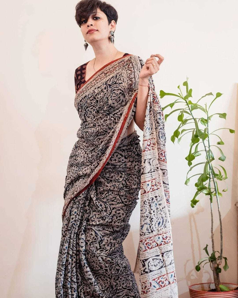 Buy Vishal Trendz Printed Kalamkari Linen Black Sarees Online Best Price In India Flipkart