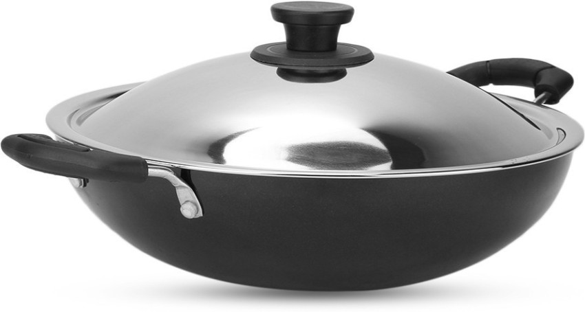 Pigeon Nonstick Indian Kadai Wok for Frying, 2 Quart, Deep Fry Pan for  Indian Cooking, Non Stick Greblon Coating with Stainless Steel Lid, For  Soups