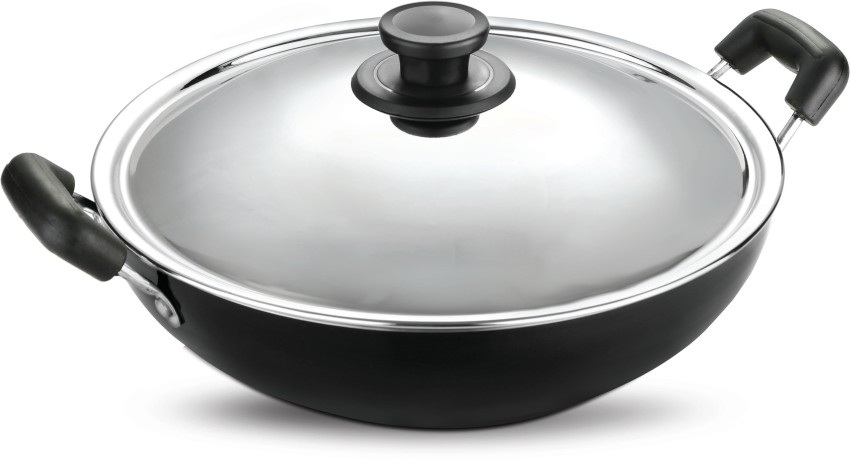 Pigeon Nonstick Indian Kadai Wok for Frying, 2 Quart, Deep Fry Pan for  Indian Cooking, Non Stick Greblon Coating with Stainless Steel Lid, For  Soups
