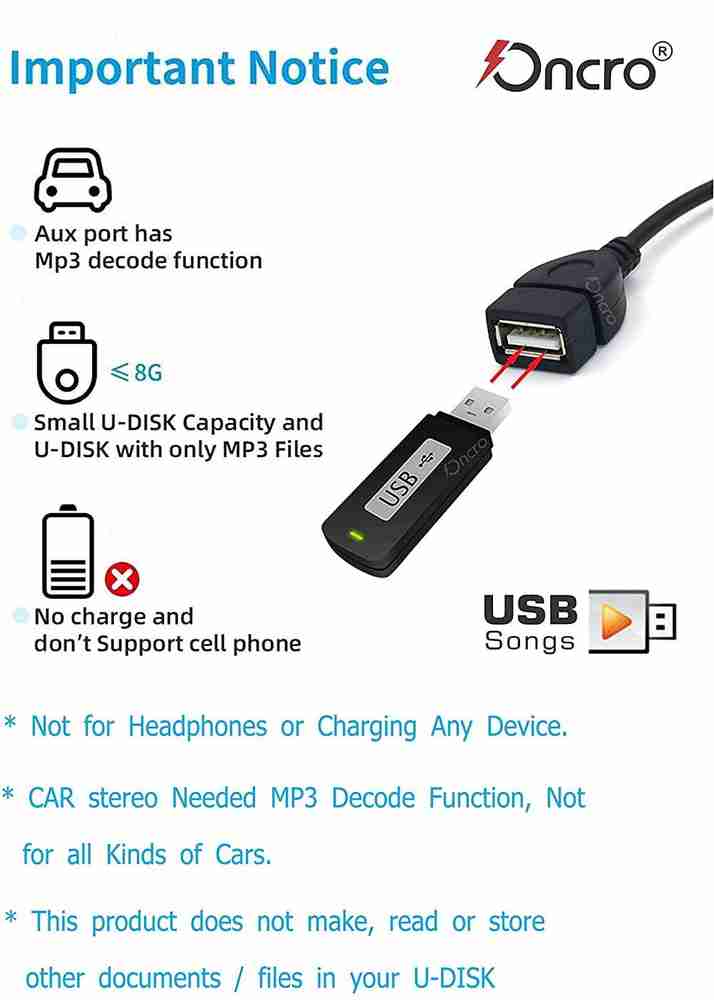 ONCRO Stereo Audio Cable 0.08 m aux to usb cable for car usb to