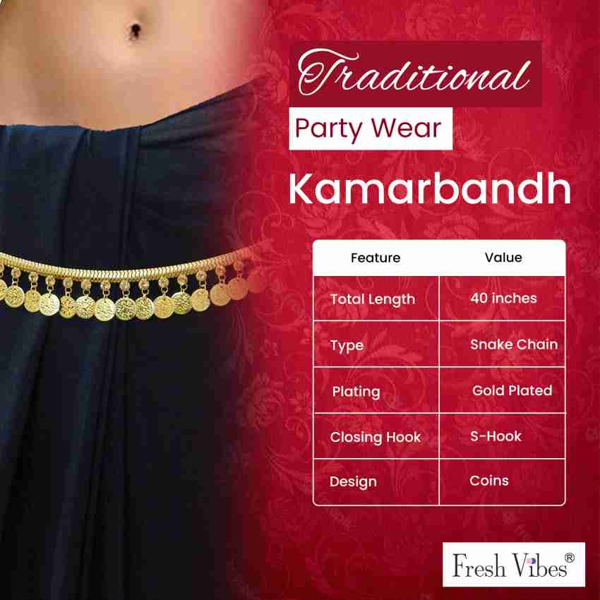 Buy Fresh Vibes Gold Plated Waist Belt for Women for Saree, Stone Studded  Traditional Kamarbandh Hip Belt