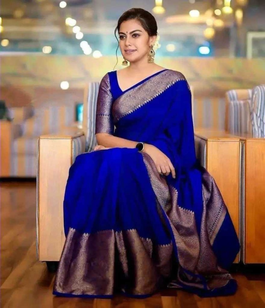 Silk Linen Plain Saree Blue Colour with contrast border and attached  Running Blouse Violet Purple colour saree (Any Colour  Customizable)-Indiehaat –