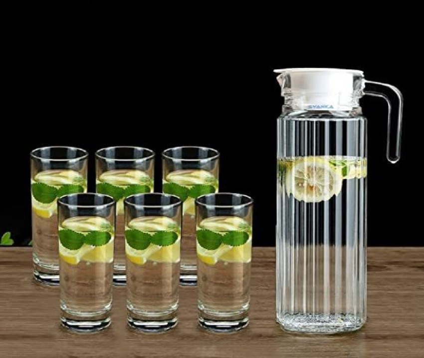 FINSTER Italian Premium Juice & Water Glasses Set of 6 & Jug  Set for Dinner Set (6 Pieces Glasses 270ML & 1 Water or Juice Jug 1 Liter),  Transparent, Highball