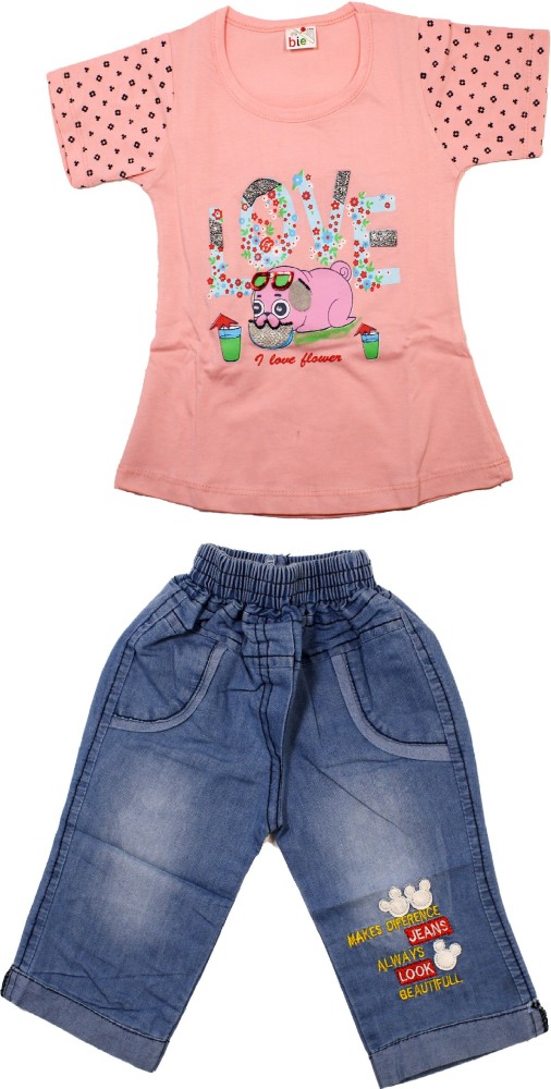 Cotton And Denim Printed Kids Girls Top and Denim Jeans Set, 6-12