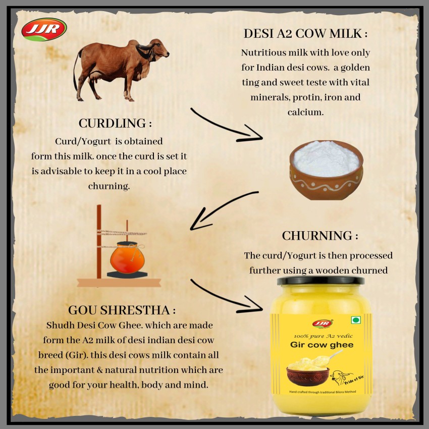 JJR A2 GIR DESI COW GHEE Vedic Bilona Method 375 ML GLASS JAR Ghee